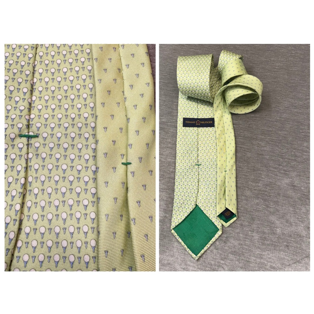 Tommy Hilfiger Mens Silk Tie Green Golf Ball Tee Novelty Print Made in USA